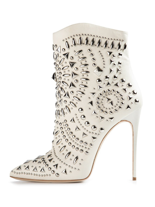 White Studs Shoes Stiletto Heel Ankle Boots