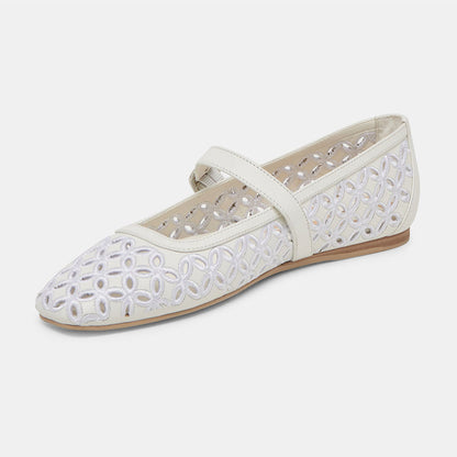 FSJ Casual White Sqaure Toe Cut-Out Ballet Flats with Straps