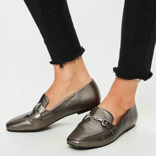 Dark Grey Square Toe Office Flats Comfortable Horsebit Loafers