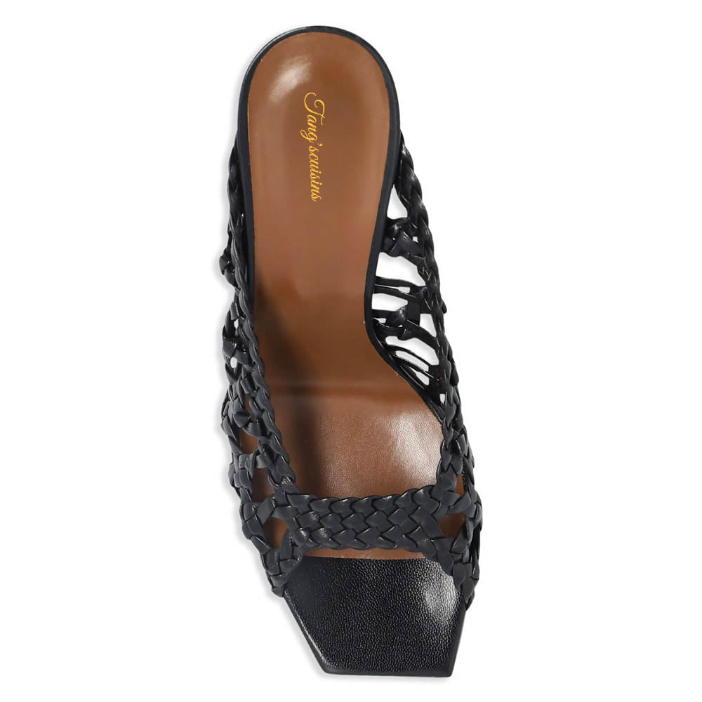 Black Vegan Leather Woven Square Toe Chunky High Heel Slides for Women