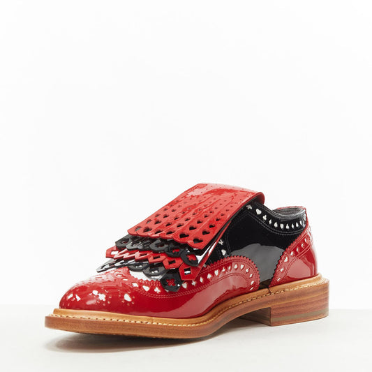Black & Red Patent Leather Flats Cut-Out Fringe Women's Oxfords