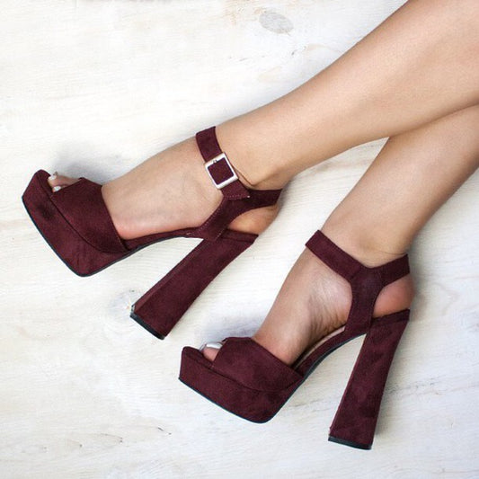 Burgundy Peep Toe Heels Vegan Suede Ankle Strap Platform Sandals