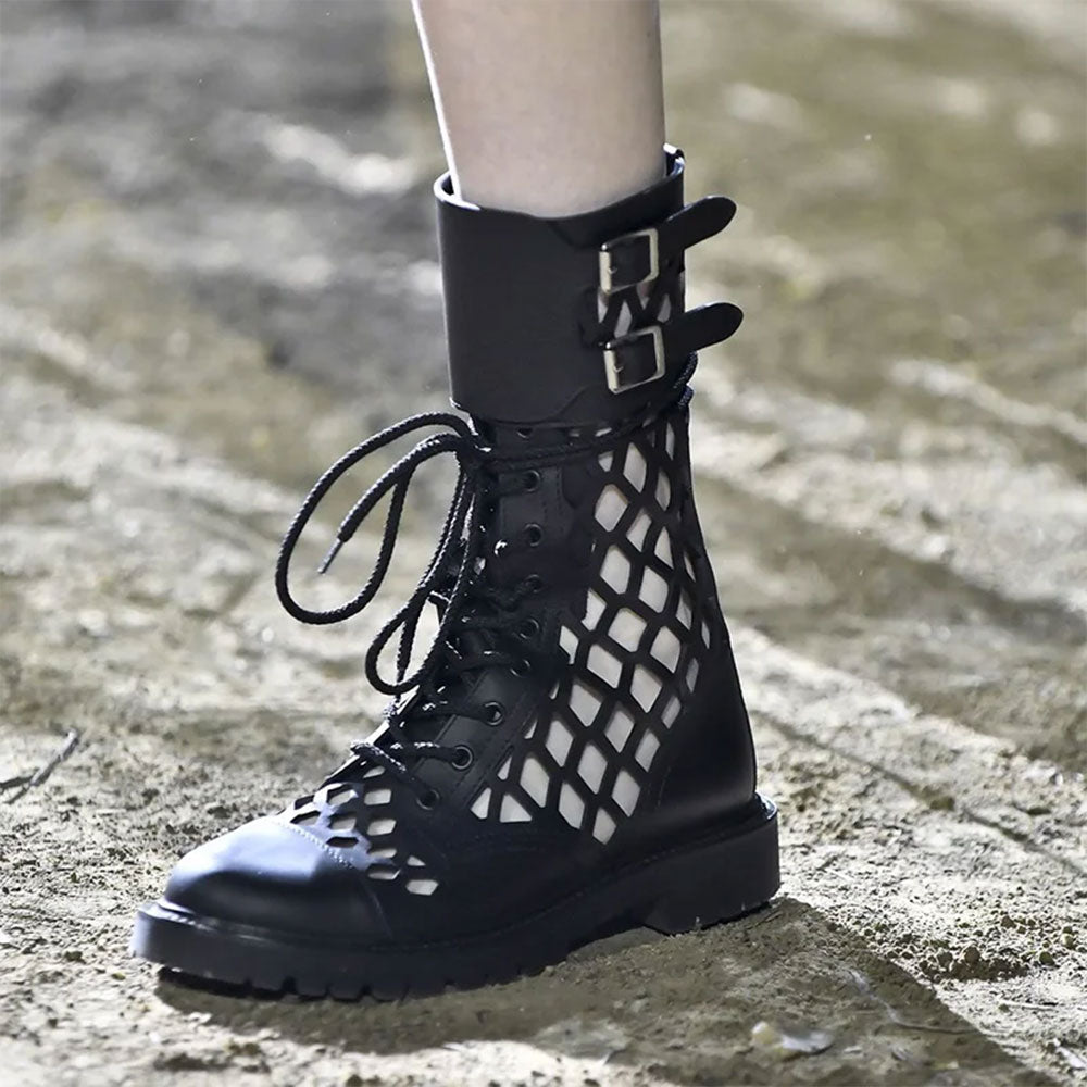 Black Buckle Lace-Up Hollow Out Round Toe Mid Calf Boots