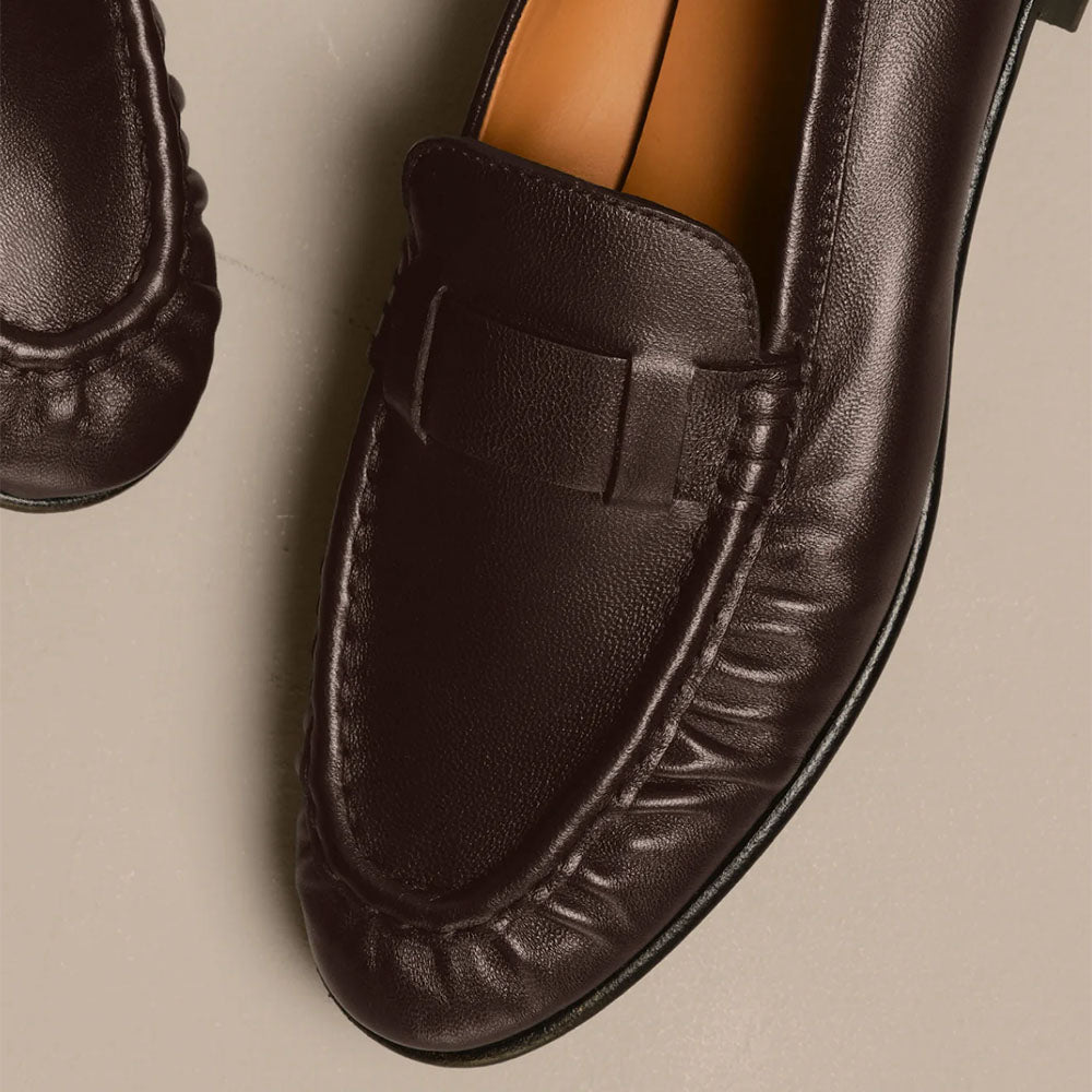 Brown Vegan Leather Round Toe Pleated Flat Women's Loafers