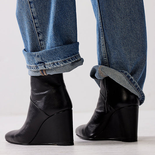 Women's Black Pointed Toe Ankle Boots Zip Wedge Heel Booties