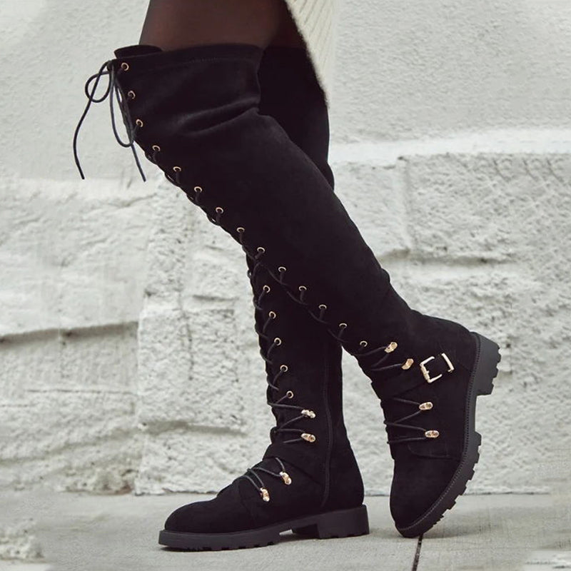 Black Round Toe Buckle Strap Flats Over-the-Knee Lace Up Boots