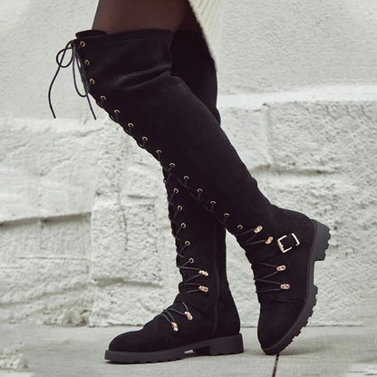 Black Round Toe Buckle Strap Flats Over-the-Knee Lace Up Boots