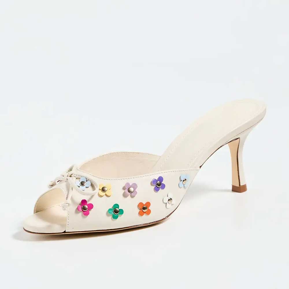 Beige Bow Decor Peep Toe Floral Studded Spool Heel Mules Shoes