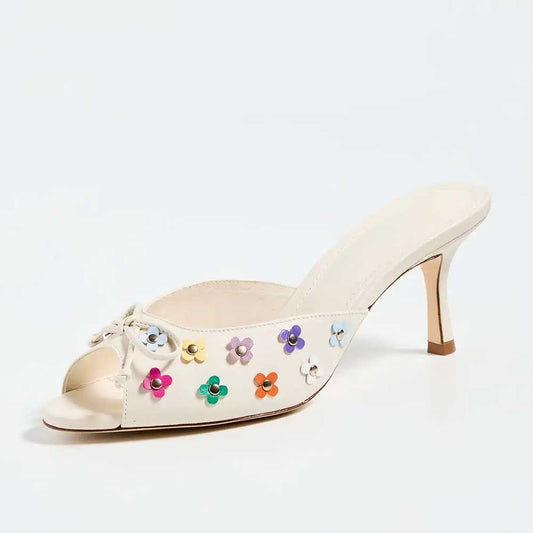 Beige Bow Decor Peep Toe Floral Studded Spool Heel Mules Shoes