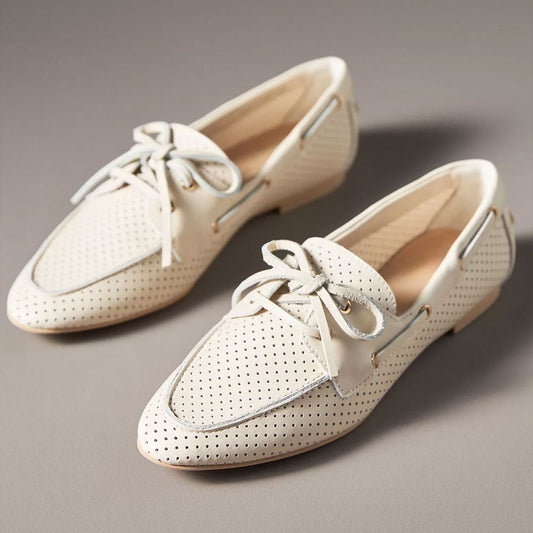Ivory Vegan Leather Perforated Lace Up Round Toe Flat Women's Loafers
