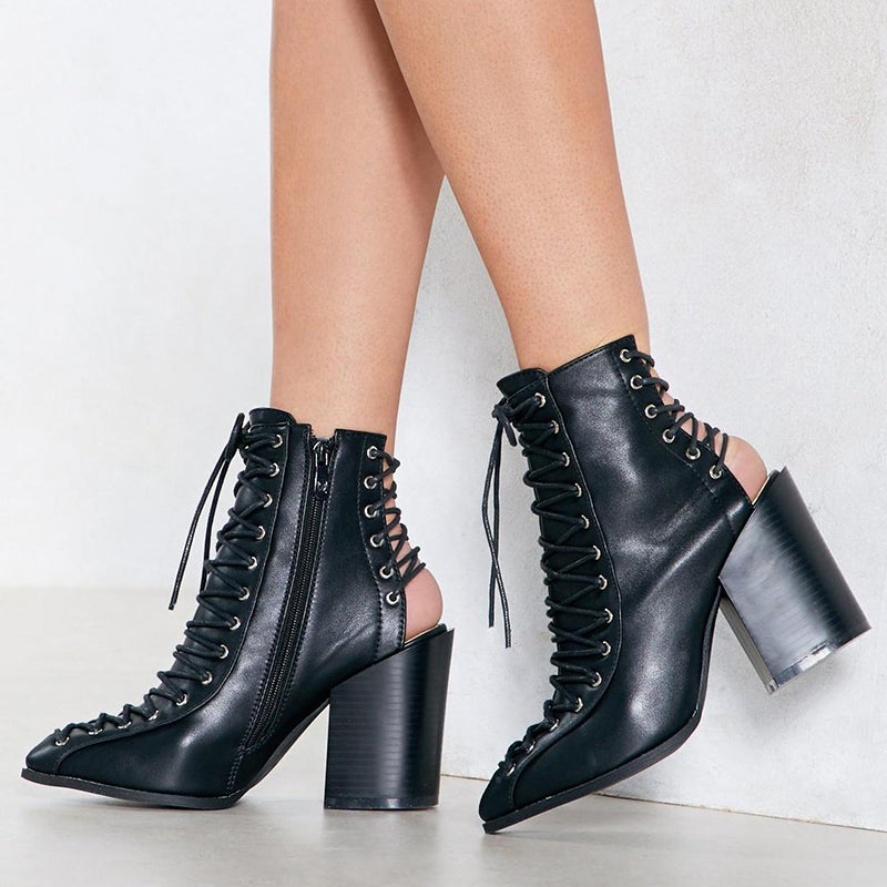 Black Faux Leather Chunky Heel Pointed Toe Lace Up Ankle Boots
