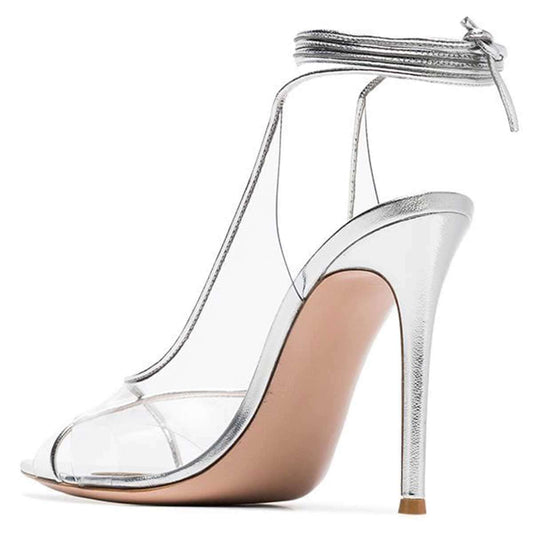 Women's Strap Around Ankle Clear Heels Peep Toe Pumps in Silver