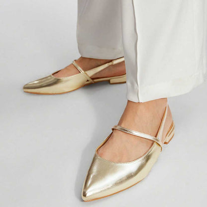 Gold Metallic Shoes Pointed Toe Slingback Flats with Elastic Strap