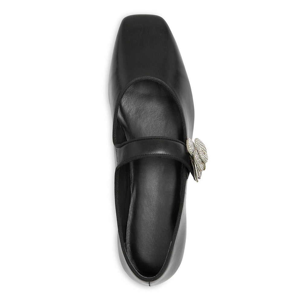 Black Square Toe Rhinestone Flower Strap Women's Dress Flats