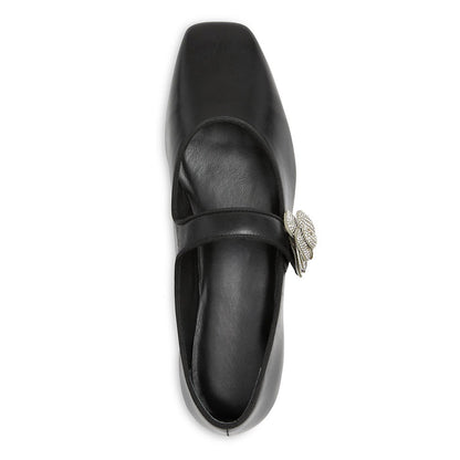 Black Square Toe Rhinestone Flower Strap Women's Dress Flats