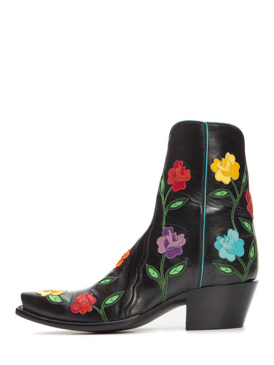 Black Decorative Floral Inlay Snip Toe Chunky Heel Zipped Ankle Boots