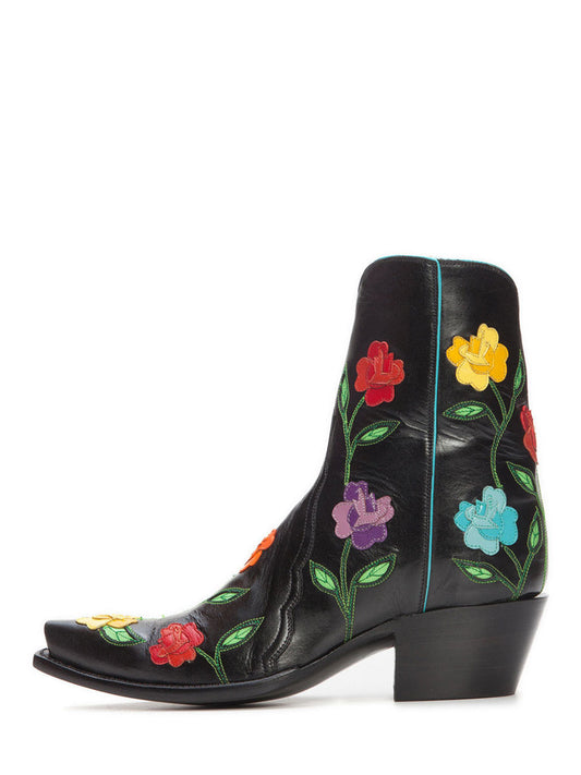 Black Decorative Floral Inlay Snip Toe Chunky Heel Zipped Ankle Boots