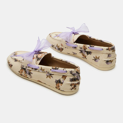 Women's Beige Lace Up Closed Toe Grommet Loafer Flats with Flowers