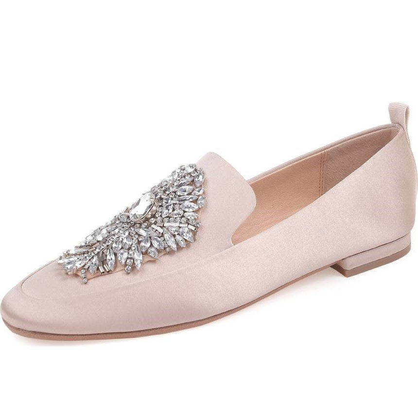 Pink Satin Flats Round Toe Rhinestone Loafers for Women