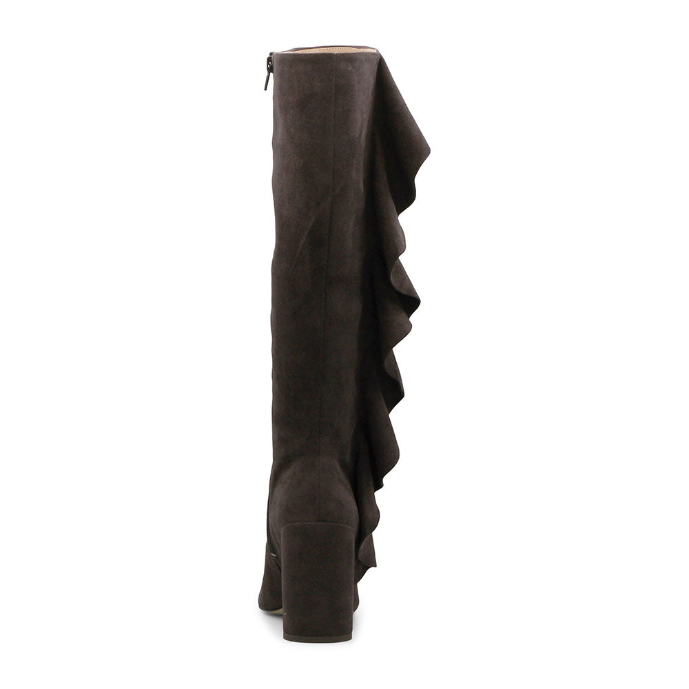 Dark Brown Vegan Suede Pointed Toe Ruffles Chunky Heel Knee High Boots