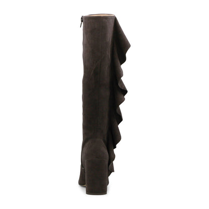 Dark Brown Vegan Suede Pointed Toe Ruffles Chunky Heel Knee High Boots
