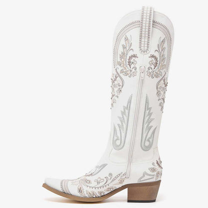 White Rhinestone Embroidered Chunky Heel Cowboy Knee High Boots