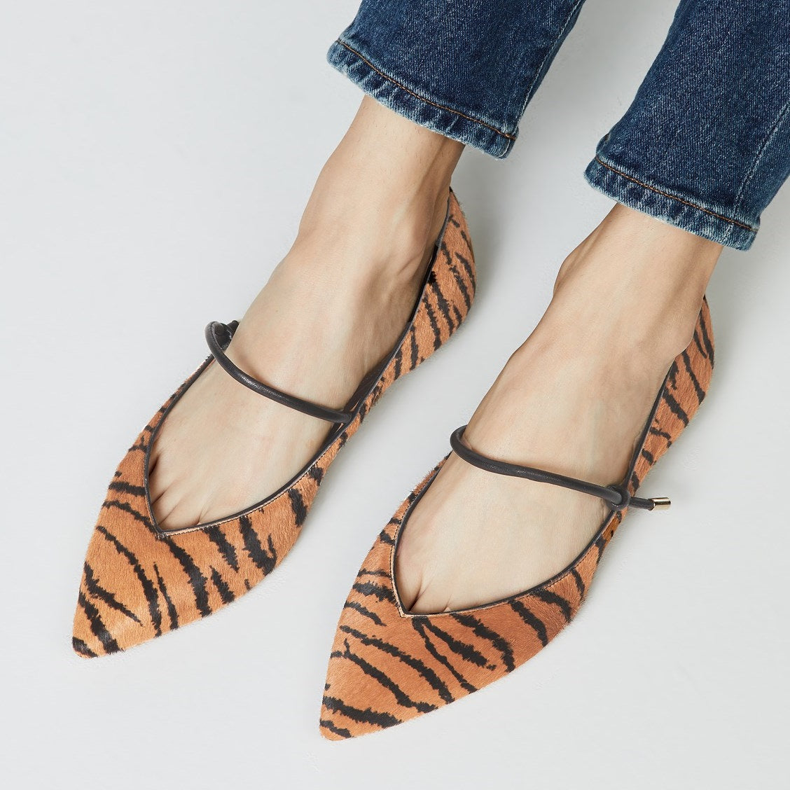 Brown Tiger Horsehair Pointy Toe Flats Mary Jane Shoes for Women