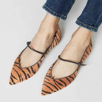 Brown Tiger Horsehair Pointy Toe Flats Mary Jane Shoes for Women