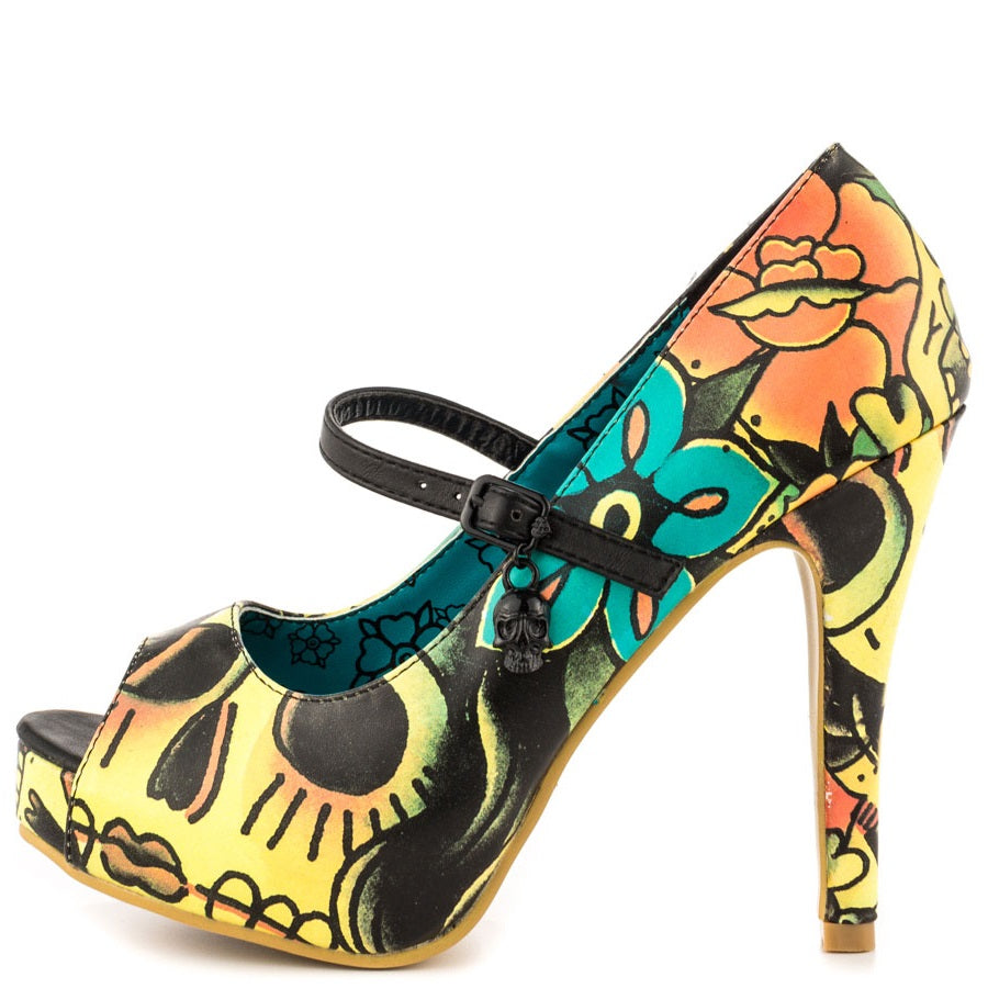 Women's Peep Toe Skull & Flower Print Platform Pumps for Halloween