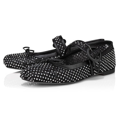 Black Mesh Square Toe Rhinestone Embellished Buckled Ballet Flats