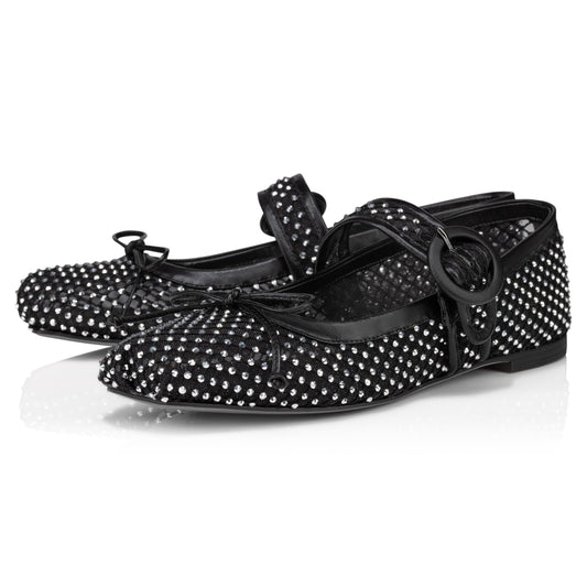 Black Mesh Square Toe Rhinestone Embellished Buckled Ballet Flats