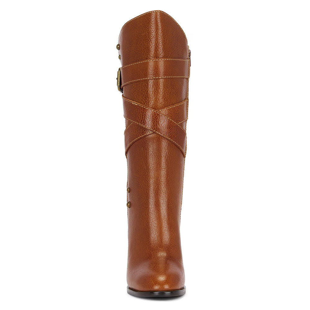 Brown Chunky Heel Buckle Strap Studded Mid Calf Boots with Zipper