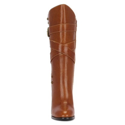 Brown Chunky Heel Buckle Strap Studded Mid Calf Boots with Zipper