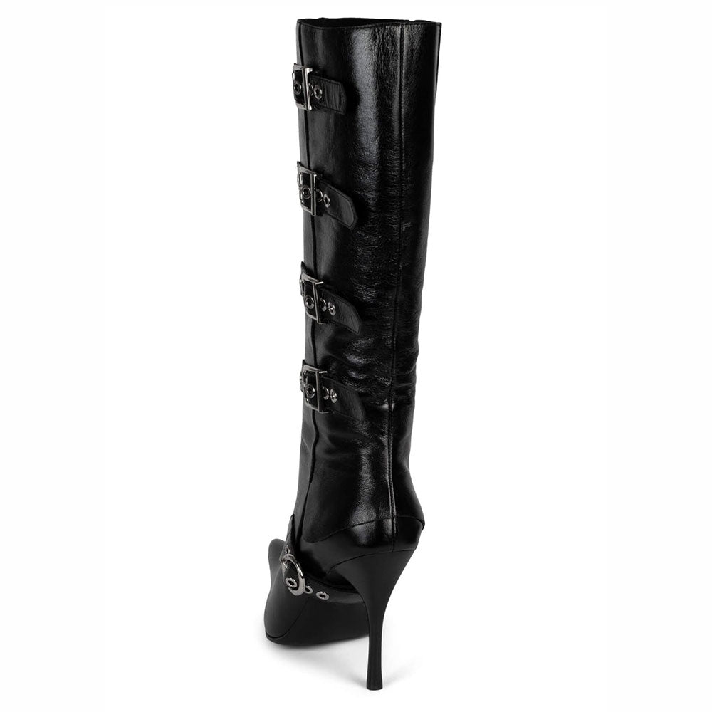 Pointy Toe Buckled Straps Stiletto Heel Knee High Boots in Black