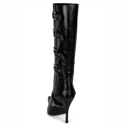Pointy Toe Buckled Straps Stiletto Heel Knee High Boots in Black