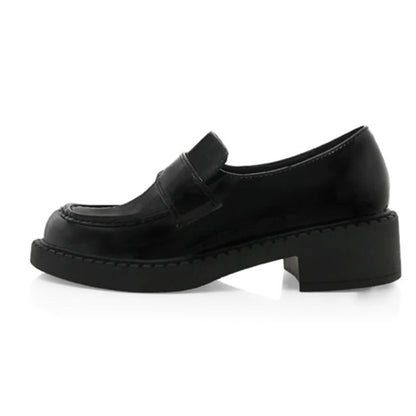 FSJ Classic Black Round Toe Low Chunky Heel Slip On Women's Loafers
