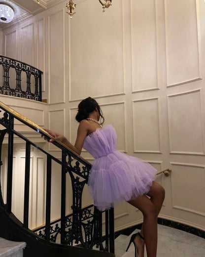 PM025,Light purple tulle mini prom dresses strapless pleated homecoming dress