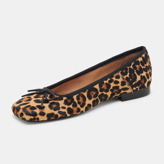 Brown Leopard Printed Square Toe Ballet Flats with Bow Strap
