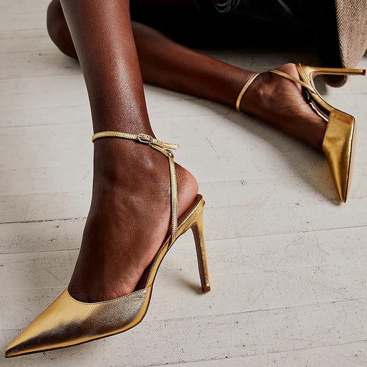 Gold Metallic Finish Stiletto Heels Pointed Toe Ankle Strap Pumps