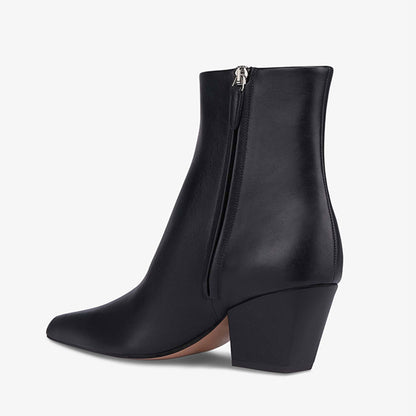 Black Pointed Toe Block Heel Side Zipper Ankle Boots for Women