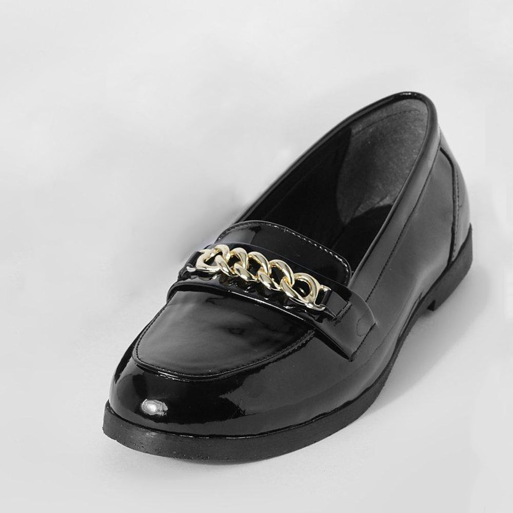 Black Patent Leather Loafers Lug Sole With Chain Decor Flats