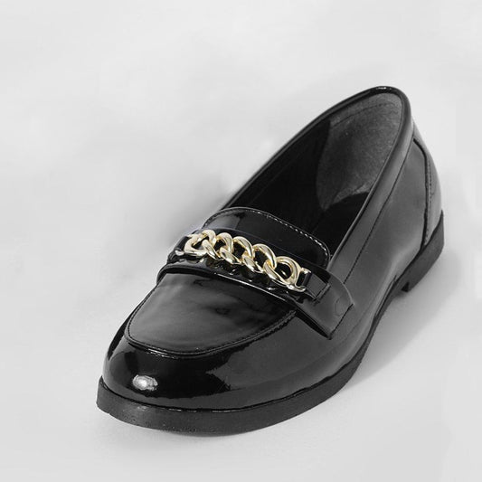 Black Patent Leather Loafers Lug Sole With Chain Decor Flats