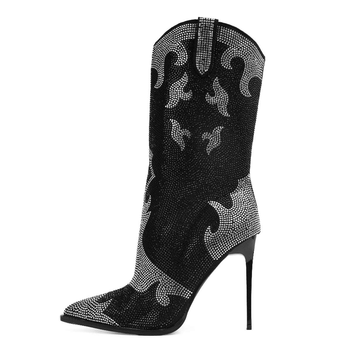 Two-Tone Rhinestone Pointed Toe Stiletto Heel Western Mid Calf Boots