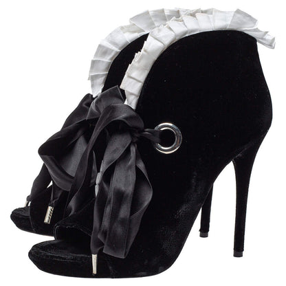 Black Velvet Stiletto Heel Lace Up Open Toe Boots with White Ruffle