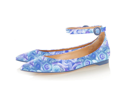 FSJ Blue Printed Ankle Strap Pointed Toe Flats for Women
