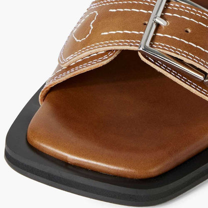 Brown Vegan Leather Square Toe Buckle Fastening Slingback Strap Flats