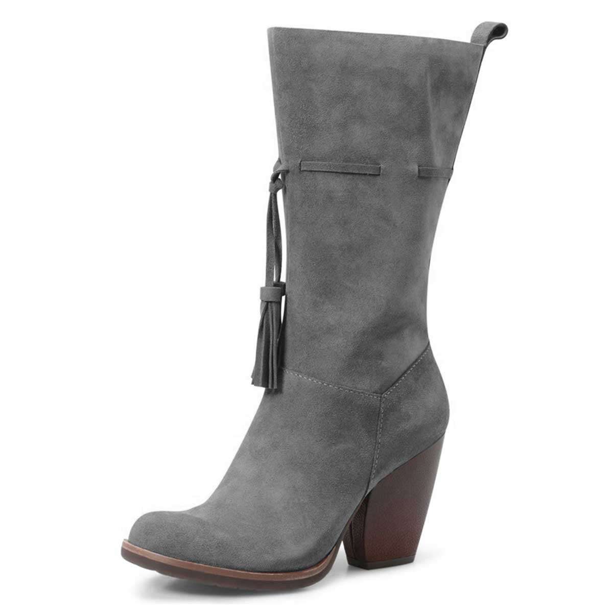 Grey Closed Toe Tasseled Tie Front Chunky Heel Women's Mid Calf Boots