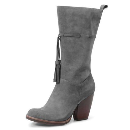 Grey Closed Toe Tasseled Tie Front Chunky Heel Women's Mid Calf Boots