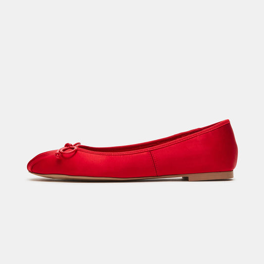 Women's Satin Ruched Square Toe Bow Embellished Ballet Flats in Red