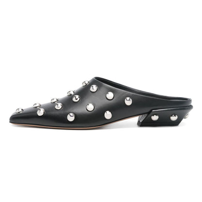 Women's Studded Square Toe Slip On Black Block Heel Mules Shoes